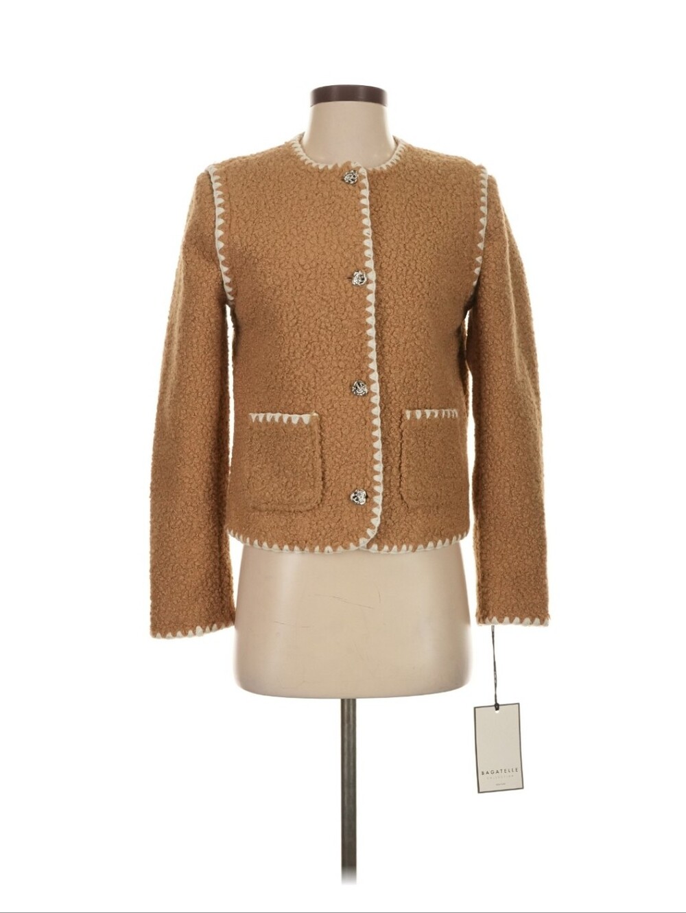 Bagatelle Collection Brown Teddy Sherpa Jacket Cropped Button Up White Trim XS